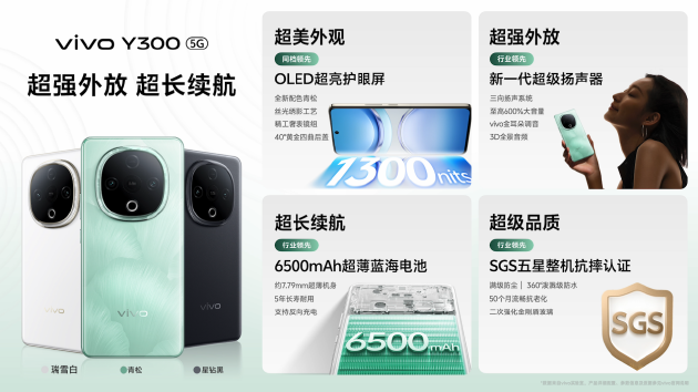 vivo Y300正式发布：三扬声器+6500mAh蓝海电池 起售价1399元